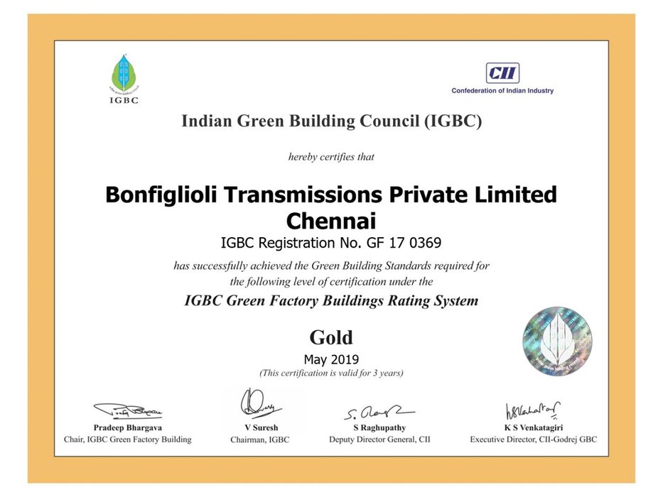 Bonfiglioli Transmissions Pvt. Ltd is now Gold Certified Green Building